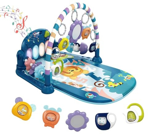 Baby Play Mat Baby Gym,Funny Play Piano Tummy Time Baby Activity Mat with 5 Infant Sensory Baby Toys, Music and Lights Boy & Girl Gifts for Newborn Baby 0 to 3 6 9 12 Months (Blue Tiger)