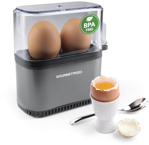 GOURMETmaxx Cuociuova per 2 uova, scaldabagno con tagliauova nel misurino, 3 gradi di durezza per il tuo portauova, design cuociuova piccolo, parti lavabili in lavastoviglie