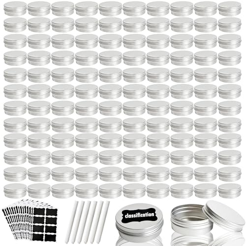 120 Pack Round Aluminum Tin with Screw Lid 2 oz Round Metal Cans Containers Empty Balm Storage Jars DIY Refillable Tin with 6 Markers 15 Sheets Stickers for Candle Salve Cosmetic Spices (Color Set 1)