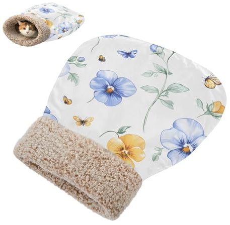 linqin Haustier-Tunnelversteck für kaltes Wetter, niedliches blaues Stiefmütterchen, Katzen-Schlafsack, Höhle für Katzen und kleine Hunde, weich, selbstheizend