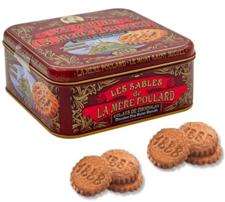 La Mère Poulard® | Biscotti Puro Burro e Gocce Cioccolato | Lattina Biscotti Francesi Burro Cioccolato | Latte Regalo Biscotti Frollini - 250 Gr