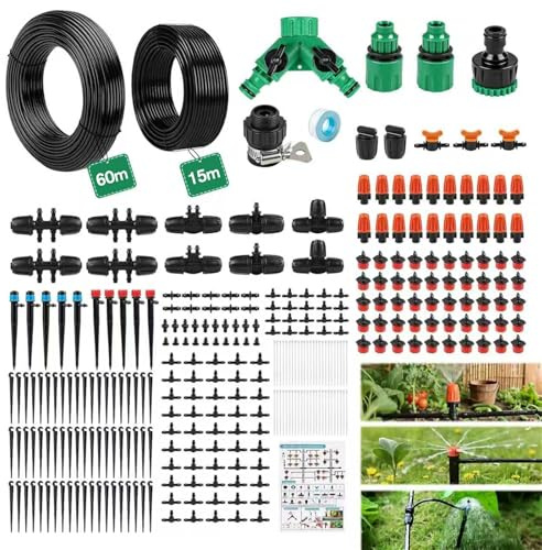 LINGKY Irrigation System Kit, 315Pcs Garden Watering System, Adjustable Drip Irrigation System with 60 m 4/7+15 m 8/11 Irrigation Pipes for Greenhouse, Yard, Lawn, Plant
