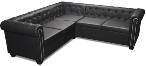 XHNIFBN Chesterfield-Ecksofa 5-Sitzer Kunstleder Schwarz 205 cm L-Form mit Holzgestell Modernes Design Bequem & Robust für Wohnzimmer Büro Schlafzimmer