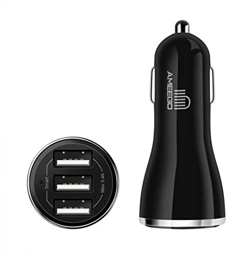 Ameego Triple USB Car Charger – 3.4A / 3400mAh Super Fast 3-Port Smart IC Adapter for iPhone, iPad, Samsung, HTC, Windows Phone & Tablets – Black
