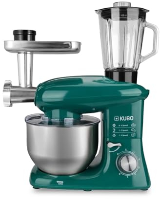 Kubo - Robot de Cocina - 7 Accesorios: Vaso de Licuadora, Picadora de Carne, Tazón Grande, Tapa Protectora, Batidor, Batidora y Amasadora - Color: Verde - Capacidad: 6 litros