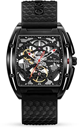 CIGA Design Automatic Mechanical Watch - Z Series Skeleton Stainless Steel Analog Wristwatch Tonneau Sapphire Crystal for Men Women(DLC)