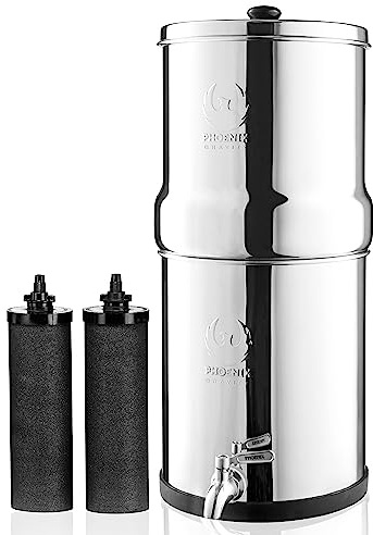 Phoenix Gravity Trinkwasserfilter aus Edelstahl, 12 Liter, mit 2 Phoenix Carbon-Wasserfilterkartuschen, Edelstahlhahn