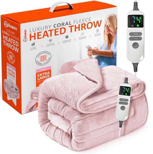 Warmer Electric Heated Throw Blanket - Digital Controller - 9 Hour Timer, 9 Heat Settings, Auto Shutoff, Detachable Controller - Machine Washable - Extra Large 200cm x 130cm