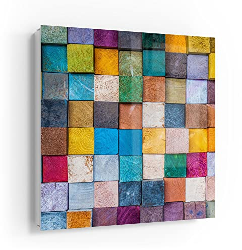 DEQORI Schlüsselkasten weiß | 30x30 cm | Motiv Buntes Holzmosaik | Glas & Metall Schlüssel-Box | Schlüsselschrank mit 50 Haken + 2 Magnete | Moderne Design Box magnetisch & beschreibbar