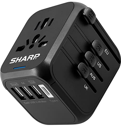 SHARP Universal Travel Adapter International Wall Charger Worldwide AC Plug Adaptor with 3 USB-A and 1 USB Type-C for USA EU UK AUS (Black)