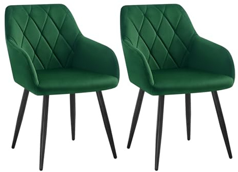 WOLTU 2er Set Esszimmerstühle mit Armlehne Rückenlehne, für Esszimmer Wohnzimmer Küche, Bequeme Küchenstühle gepolstert mit Samtbezug, Metallbeinen, Dunkelgrün