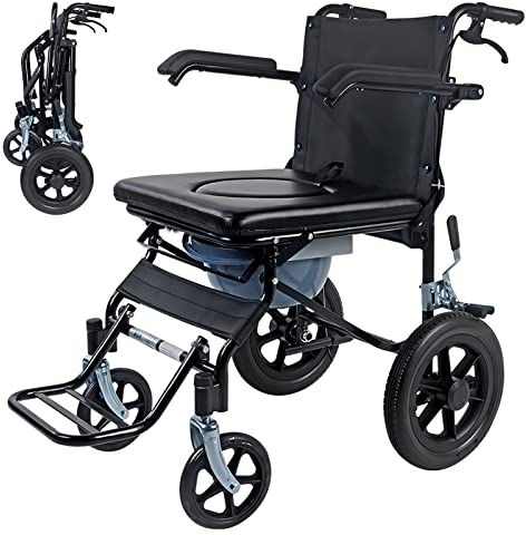 Bueuwe Faltbar Leicht Reiserollstuhl, Klappbar Toilettenstuhl mit Rollen, Extra Schmaler Rollstühle mit Bremsen, Wasserdicht, 11.9kg
