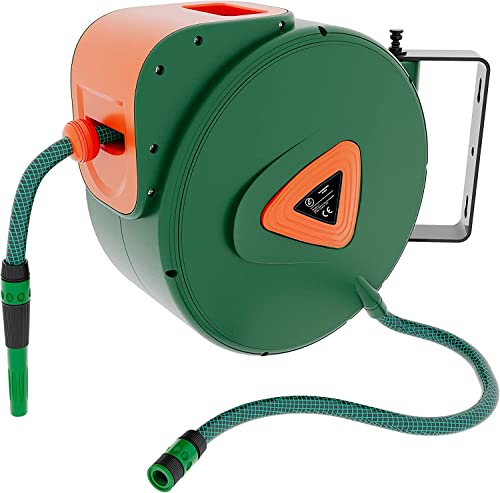 BRICOZONE Avvolgitubo per Acqua con Tubo in PVC Attacco 1/2 da Giardino Fissaggio Parete Muro Blocco Automatico Riavvolgitore Auto Stop Accessorio Esterno Salvaspazio Pressione 24 Bar 20 + 2 M Verde