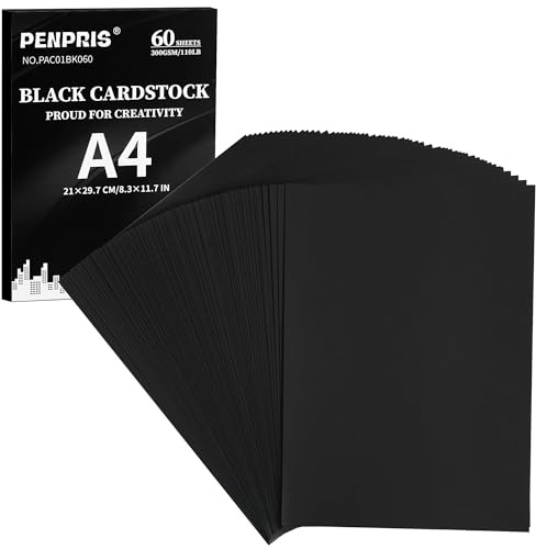 PENPRIS 300 gsm svart kartong - 60 ark A4-storlek kartong pappersskyddskort lager 100 kg tungvikt papper tjockt papper för gör-det-själv-korttillverkning, inbjudningar, vykort, visitkort PAC01BK060