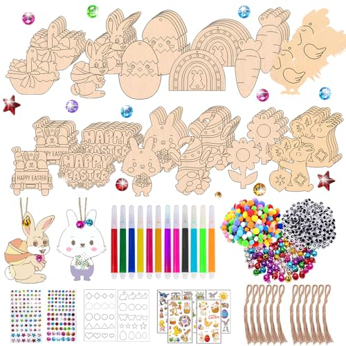 Holzanhänger Ostern zum Bemalen,Ostern Basteln Holz,Bastelset Ostern kinder,DIY Anhänger Ostern,271 Stück Osterdeko Basteln Kinder - Osterhase Ostereier Küken,mit Schnur, Acrylstifte,Aufkleber