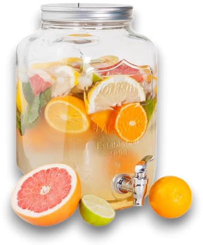 PZL CONCEPT Distributeur Boisson avec Robinet 8 L - Fontaine à Eau et Cocktail - Bol à Punch - Jarre en Verre pour Limonades - Bonbonne - Bocal pour Sublimez vos Fêtes et Anniversaires