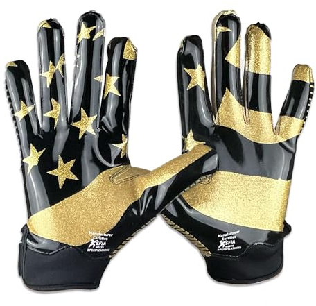 Battle Sports Glitter USA Wide Receiver Football Gloves, Ultra Stick Adult & Youth Gloves - Youth Medium, Black/Gold