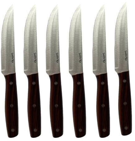 SanheKit Steakmesser-Set, 6/12-teilig, Edelstahl mit hohem Kohlenstoffgehalt,Full-Tang-Design, Griff aus Kunststoff mit Holzmaserung,gezacktes Fleischmesser, scharfe Tafelmesser (6 PCS SET)