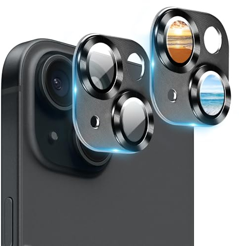 AIYEEN Camera Lens Protector (2 Pack) for iPhone 14 and iPhone 14 Plus Camera Lens Cover Protection, 9H Tempered Glass Metal Frame Case Friendly, CD Texture Anti-scratch (Black)