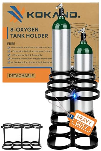 Premium Quality Detachable Oxygen Tank Holder (8) for E, D, M9/C Size Cylinders - Heavy Duty Metal Storage Rack - Portable Oxygen Tank Carrier for Travel & Vehicle Use (Black) (4.5 Wide Slots)