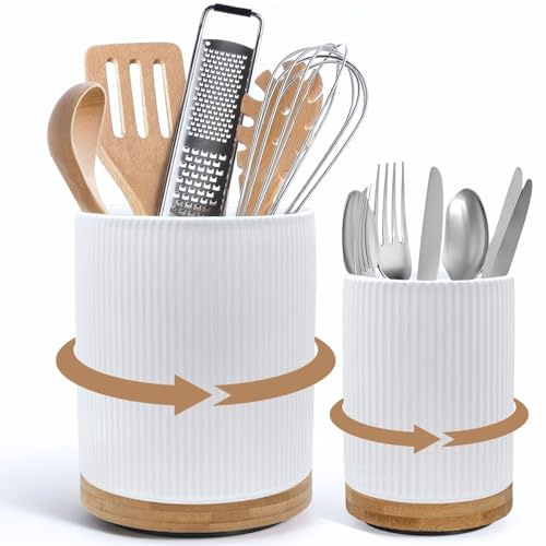 NURTURE KNOTS 2 Pack Ceramic Utensil Holder, 7.3+5.4 Large kitchen utensils holder for Countertop, 360° Rotating Cooking Utensil Crock for Kitchen Counter with Detachable Wooden Base, Kitchen Décor