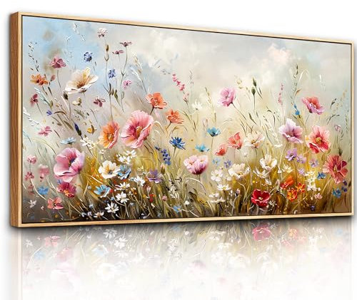 hyidecorart Cuadros Decoracion Dormitorios Modernos con Marco Madera, 50x100 cm Grandes Lienzos Decorativos Pared Salon, Cuadros Decoracion Pared Mar de Flores de Colores, Wall Art Comedor Pasillo