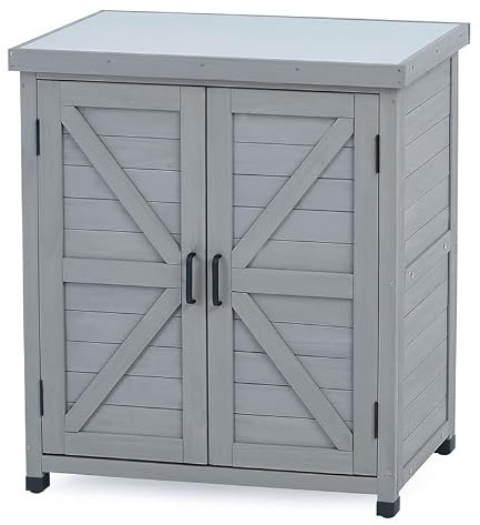 Armadietto portaoggetti da esterno e tavolo da vaso 2 in 1, grandi dimensioni 80 x 45 x 92 cm, corpo in legno di tsuga premium e piano in metallo, impermeabile e resistente all'umidità, per piantare