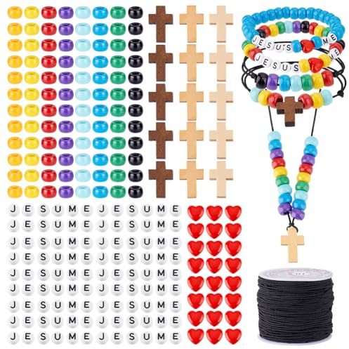 PH PandaHall 36 Sets Kit per Braccialetti con Perline, Perline di Jesus Love Perline Arcobaleno con Foro Grande Ciondoli a Forma di Croce per Scuola Domenicale Creazione Cristiana