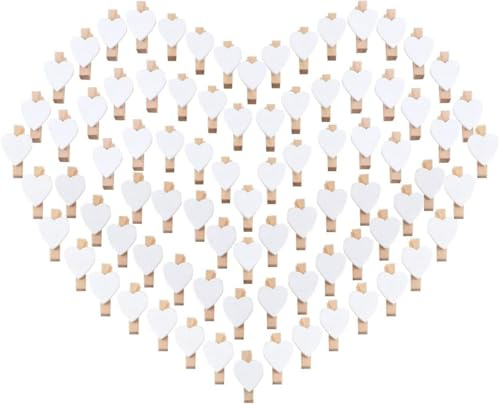 100 Herz Wäscheklammer klein, Holzklammern Holzwäscheklammern Mini klein 3,5cm für Foto Handwerk Clips Deko Fotos Fotowand Bilder Collagen Postkarten Geschenke, Hochzeit, Adventskalender Deko(Weiß)