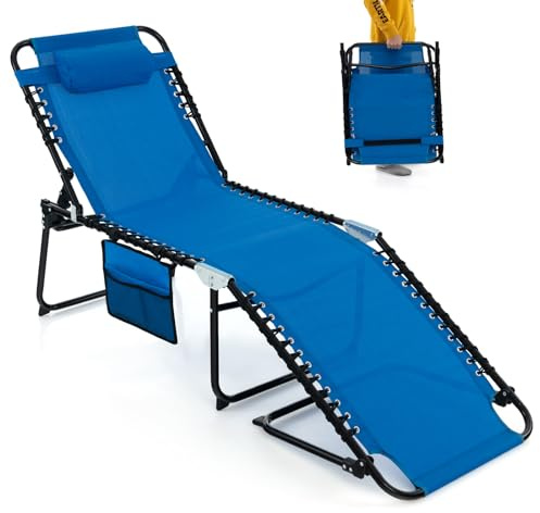 COSTWAY Folding Sun Lounger, 4-Level Adjustable Garden Reclining Chaise Lounge Chair Sunbed with Pillow and Side Pocket, Portable Outdoor Sunbathing Recliner for Patio Pool Beach (Navy, 168x59x86cm)