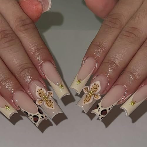 LunarCharm 24 pezzi unghie finte French Tip con motivo leopardato, unghie quadrate di media lunghezza con fiori in 3D e design stellare, unghie artificiali floreali, unghie acriliche in rilievo