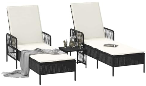 vidaXL Solstol Reclining 2-person 3 pcs Svart och krämvit konstrotting, Trädgård och terrass loungers, rektangulär, modern design, hållbart flerpositionsryggstöd, avtagbart överdrag, möbler vid poolen
