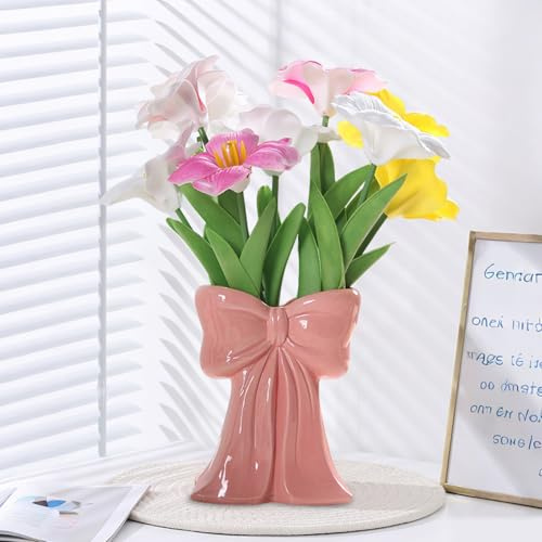 Blumenvase mit Schleife, Keramikvase mit Schleife, weiße süße Blumenvase, Vase in Schleifenform, für die Tischdekoration im Wohnzimmer (Rosa)