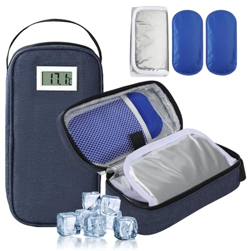 Gkstly Custodia da viaggio per insulina con display della temperatura, approvata TSA Borsa termica per insulina da viaggio, organizer per farmaci refrigerati con 2 confezioni di ghiaccio