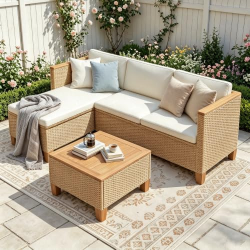 PHI VILLA Rattan Garden Furniture 3 Pieces with Outdoor Coffee Table, L Shaped Patio Wicker Corner Sofa Sectional Furniture Set with Thickened Cushions and Pillows for Balcony Backyard Porch, Beige