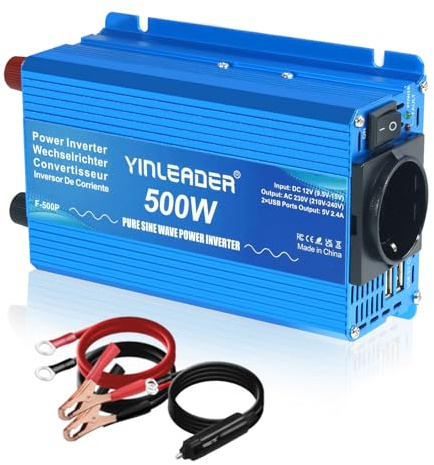 Yinleader Convertisseur 500W 12V 230V Pur Sinus Onduleur 12V 220V Convertisseur de Tension Power Inverter 2 Ports USB Prises AC pour Voiture et Camping