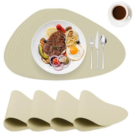 WearLegend Tischset Abwaschbar und Wasserdicht，Leder-Imitat Platzdeckchen Platzsets, rutschfeste Noppen-Unterseite & Schneidbar für Küche & Büro & Party (Beige, Oval-4er Set)