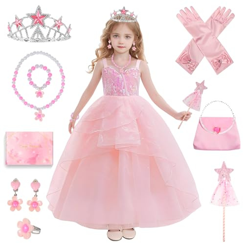 TOSZOLY Disfraz de Glinda para Niña - Vestido Princesa Rosa con Corona, Varita y Joyas - Disfraz Infantil para Halloween, Carnaval, Cumpleaños o Navidad