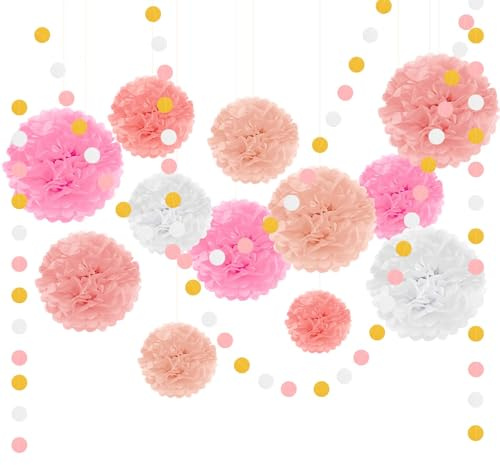 Bouiexye Pompons Deko 27 Stück Party Deko Geburtstagsdeko Girlande Geeignet für Hochzeiten Babypartys Geburtstage (Rosa Serie)