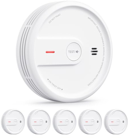 X-SENSE Detector de Humo, batería de 10 años con indicador LED y botón de Silencio, Alarma contra Incendios compacta, XS0E-SN, Paquete de 5 Unidades