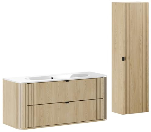 Lomadox Badmöbel-Set 2-teilig Waschtisch 120 cm mit Keramik Waschbecken und Hochschrank in Eiche, Rillen, abgerundete Kanten, Metallgriffe, Softclose