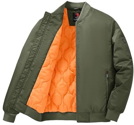 Gopune Men's Bomber Jacket Casual Fall Winter Warm Jacket Full Zip Padded Coats Outwear Army Green,XL