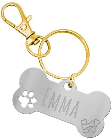 Personalisierte Hundemarke – Knochenform mit Pfotenausschnitt aus Edelstahl – Wunschgravur mit Motiv- & Symbolauswahl – Rostfrei, Langlebig & Wetterbeständig (Silber)