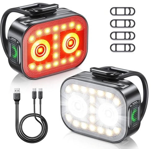 Rolgno Luci Bicicletta LED, Ultra Sottile & Leggero Luce Bici, 5+6 modalità Luce Bicicletta Anteriore e Posteriore, Ricaricabile USB & Impermeabili IP65 Fanali Bici per Ciclismo, Montagna, Campeggio