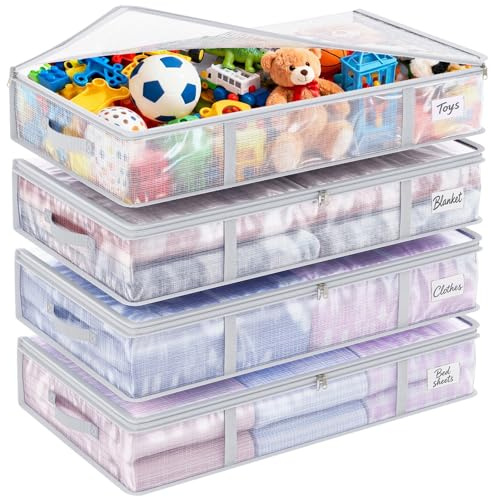 Fixwal 4pcs 90L Under Bed Storage Containers Bins Clear Closet Underbed Organizers and Storage for Blanket, Clothing, Sweaters, Pillows, Linen Sheets with Sturdy Handle and Zippers