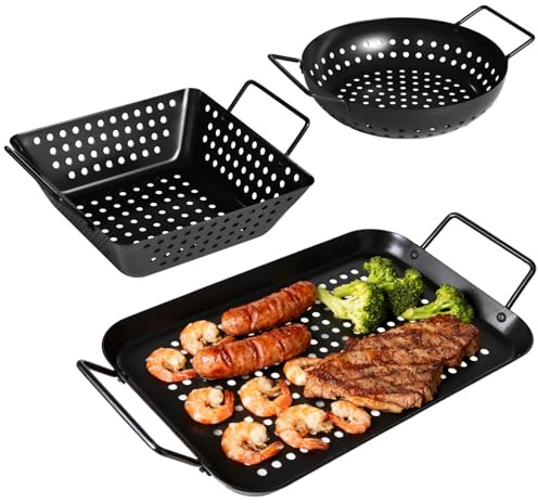 Grill Baskets, Heavy Duty BBQ Grilling Baskets 3PCS Outdoor for Vegetables Meat Seafood, Non-Stick Perforated Grill Pans Tray for Charcoal Grills Grilling Accessories