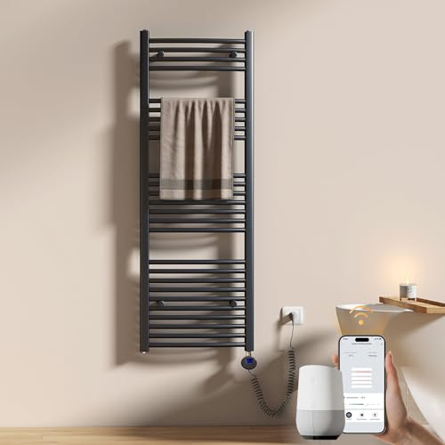 EMKE WiFi Badheizkörper Elektrisch 1400x500 mm - Gebogen Handtuchheizkörper Elektrisch, Elektrischer Handtuchwärmer Handtuch Heizkörper Bad mit Thermostat und Heizstab - 600W, Anthrazit