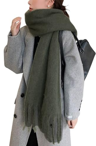 bhb Flauschiger Mohair-Optik Damenschal, Deckenschal – Weicher Oversize Schal aus Wolle mit Quasten, warm, elegant, übergroß, klobig, Winteraccessoire (Olivgrün)