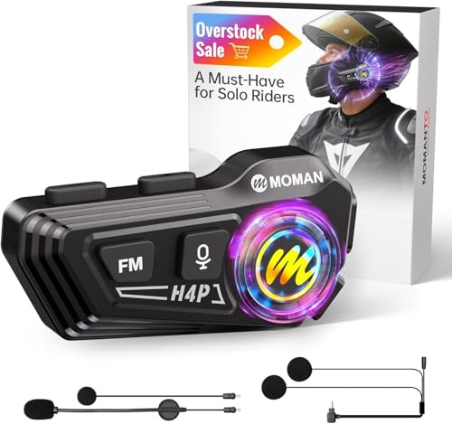 Moman Motorcycle Helmet Speakers-1000mAh Strong Battery Motorbike Helmet Headset Dual Noise Reduction with Hi-Fi Soft/Hard Mic/IPX6/RGB/FM/Music Control/AI Voice/Headphone for Solo Riding (H4P)