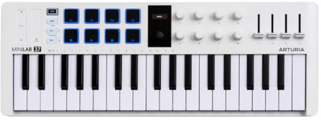 Arturia MiniLab 37, Controlador USB MIDI con teclado de 37 teclas | 37 finas teclas, pads, encoders, faders, integración de DAW, USB-C, paquete de software, arpegiador, modo acordes